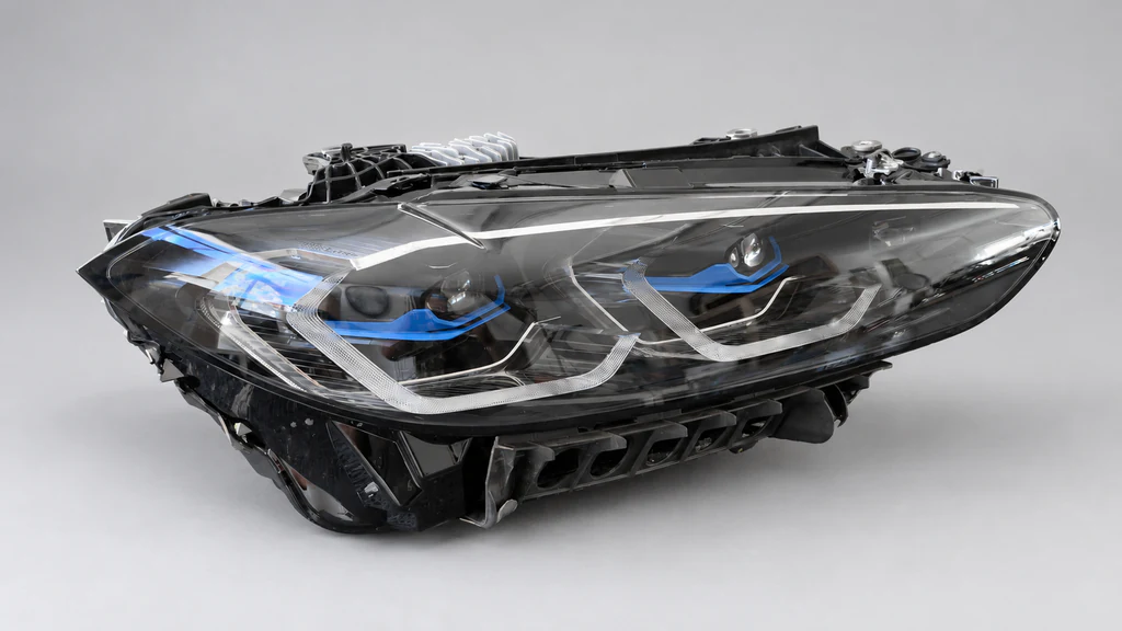 BMW G22, G23 oder G26 4er sowie G80 M3 und G82 oder G83 M4 Laserlicht-Scheinwerfer mit neuem klaren Glas nach dem Scheinwerferglaswechsel.