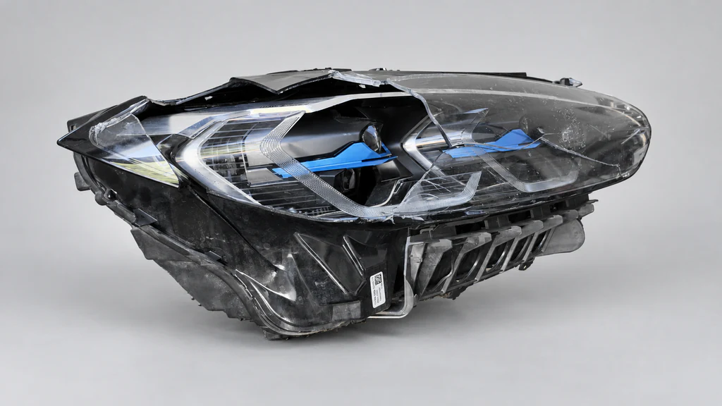 BMW G22, G23 oder G26 4er sowie G80 M3 und G82 oder G83 M4 Laserlicht-Scheinwerfer mit gebrochenem Scheinwerferglas vor dem Glaswechsel.