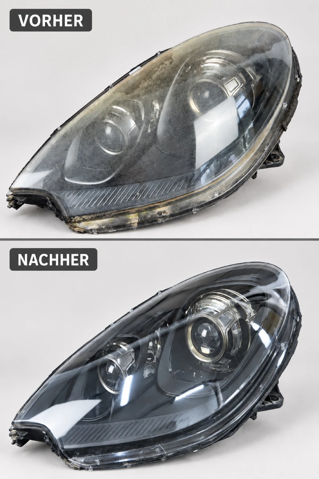 Echter Porsche-Macan-Scheinwerfer vor und nach dem Wechsel der Streuscheibe